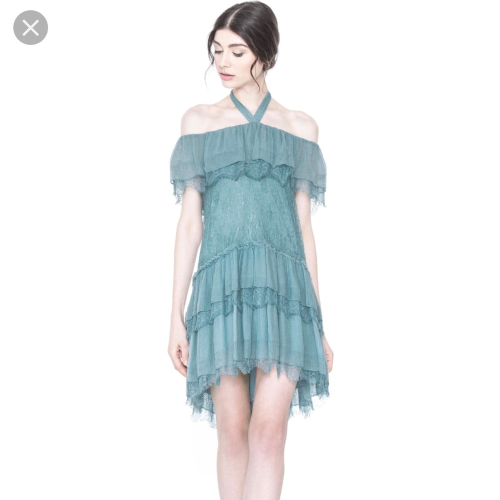Alice + Olivia Teal Ruffled Off-Shoulder Lace Dress